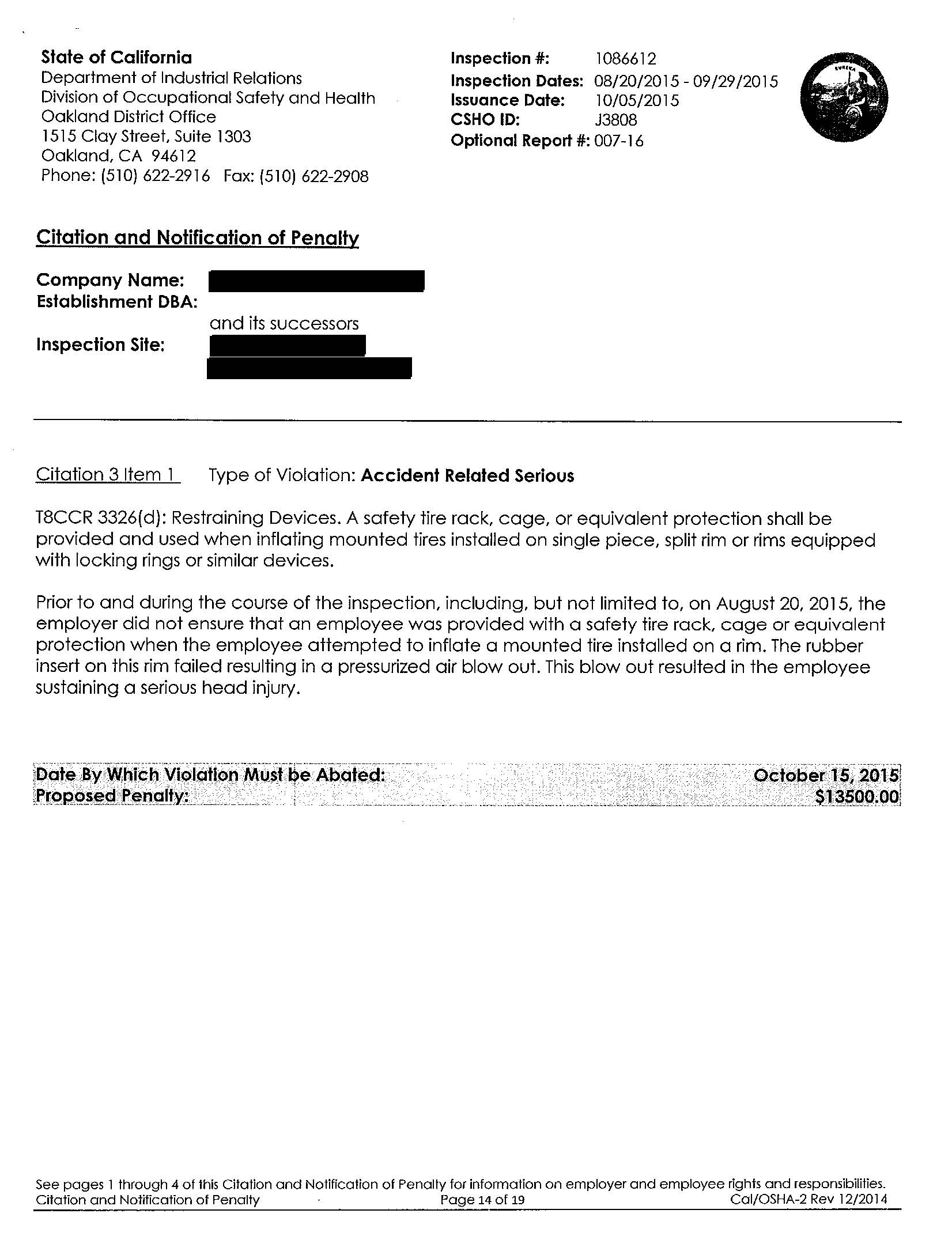 Restraining Device cal osha fines